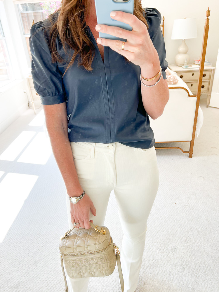 glue leather top white jeans